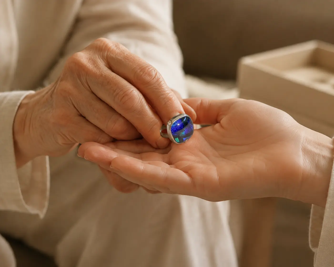 Mother and daughter sharing jewelry
