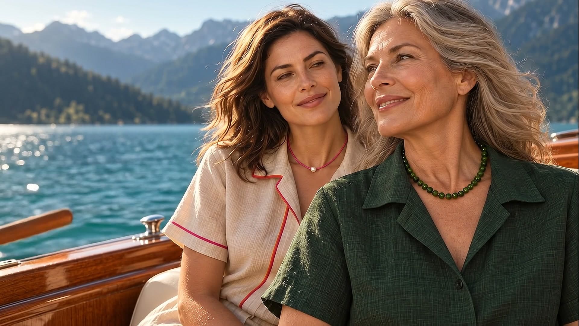 Two women on a wooden boat on a sunlit alpine lake, one wearing a pink cord necklace with a pearl, the other a green beaded necklace